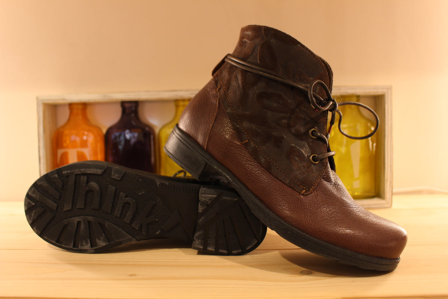 Bottines femme THINK cuir marron ou noir imprimé fleurs