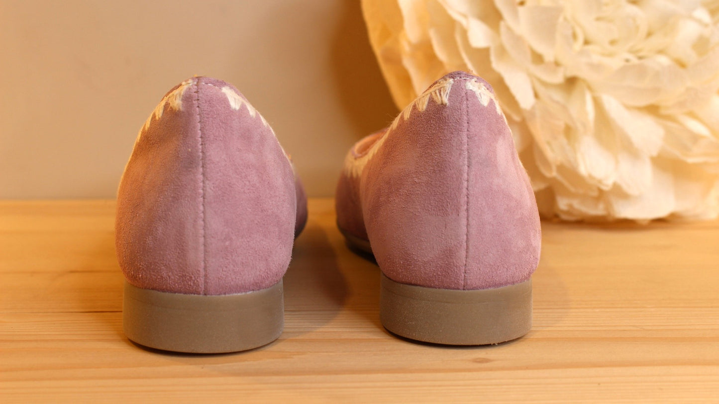 Ballerine en velours rose et surpiqûres blanche Fabrication autrichienne THINK