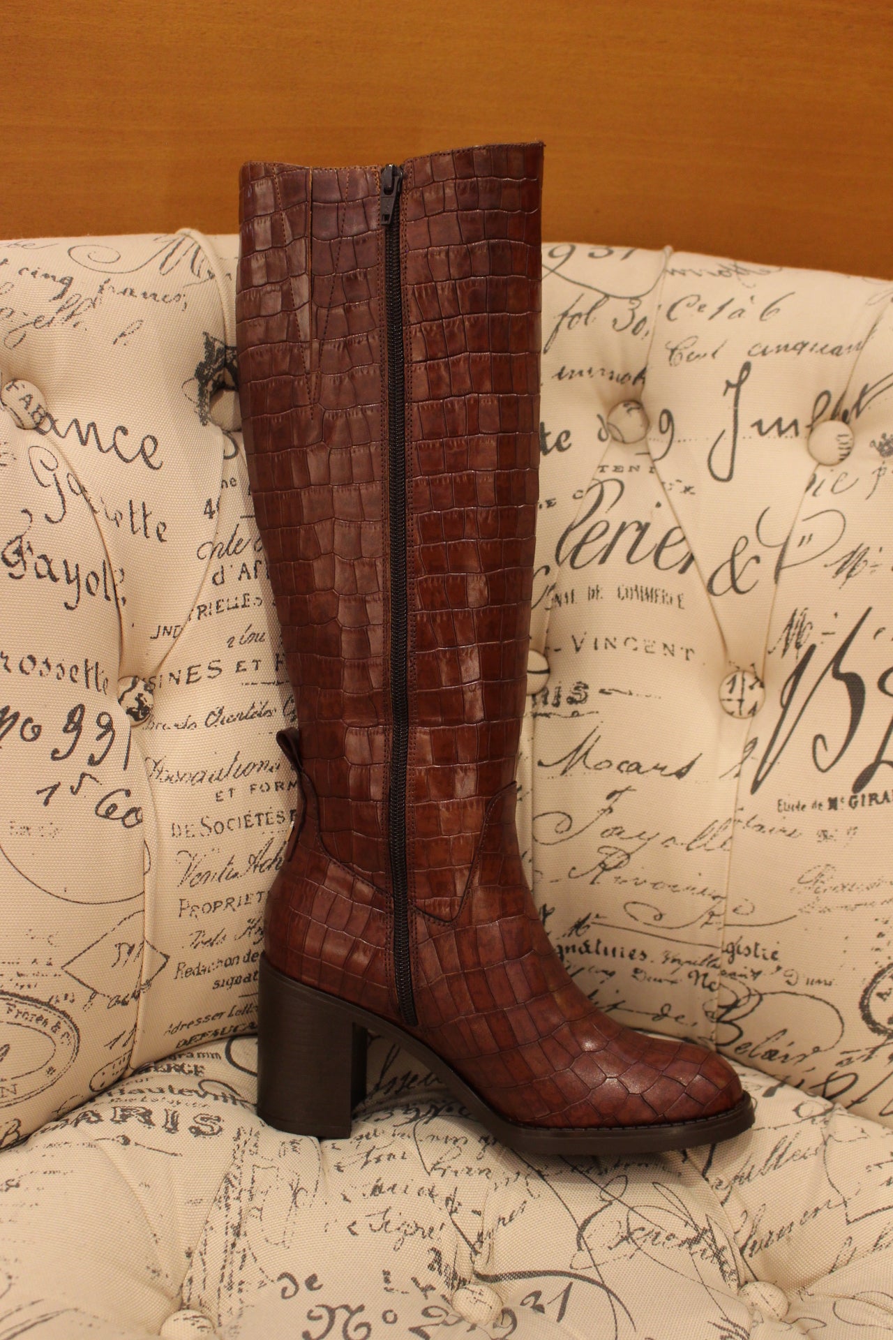 Bottes cuir imprimé croco marron à talon WONDERS