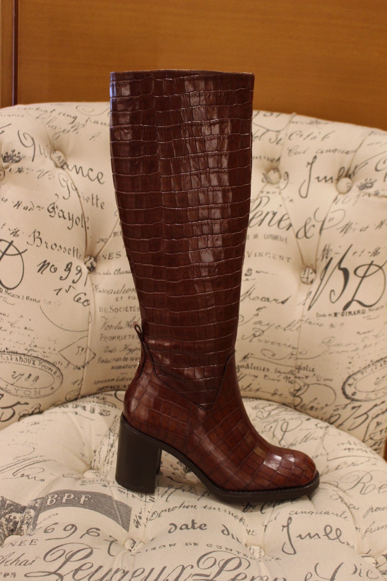 Bottes cuir imprimé croco marron à talon WONDERS