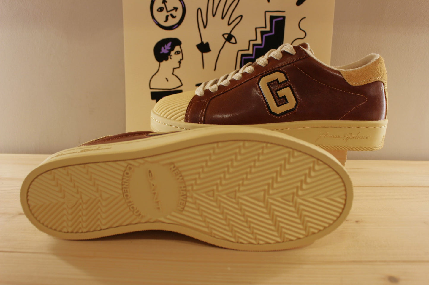 Sneakers homme en cuir marron chocolat et caoutchouc beige GANT