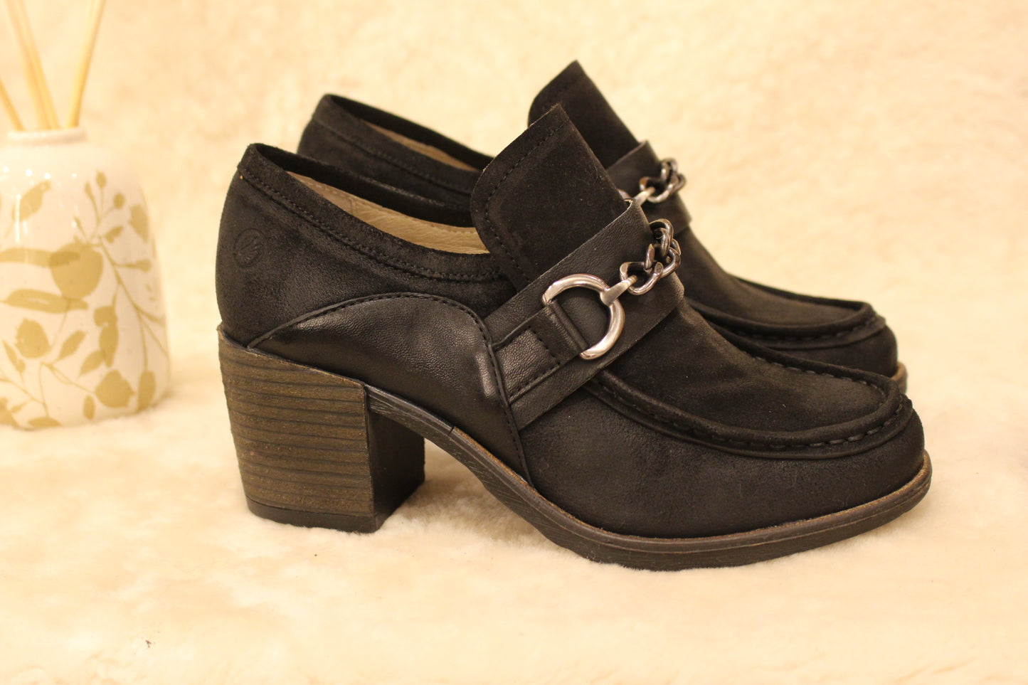 Mocassin à talon pour femme, cuir gras noir première amovible CASTA
