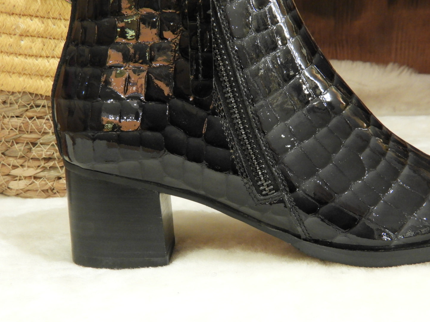 Bottines deux zips petit talon cuir noir ou marron imprimé serpent MAMZELLE