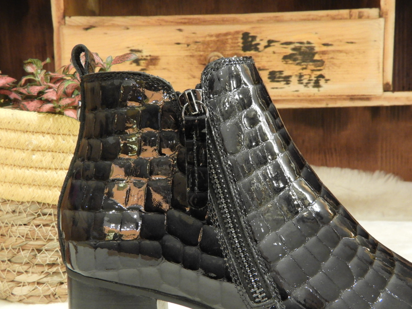 Bottines deux zips petit talon cuir noir ou marron imprimé serpent MAMZELLE