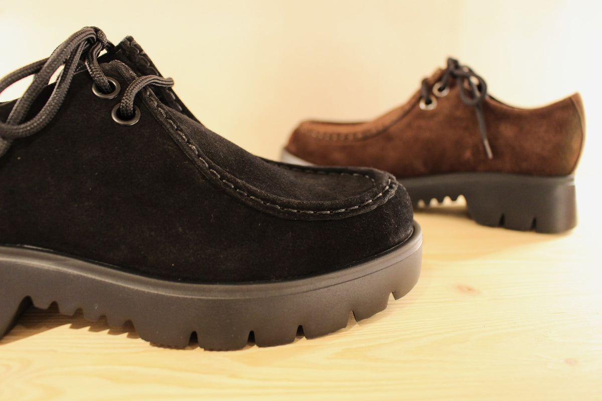Derby HÖGL en cuir velours de couleur noir ou chocolat. Serrage lacet coton noir. Chaussures doublées cuir