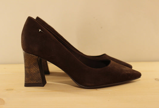 Escarpin cuir velours marron et talopn imprimé serpent métallisé TAMARIS