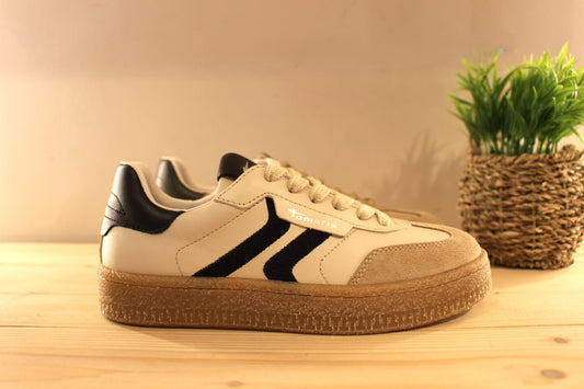 Basket Tamaris en cuir imprimé et velours de couleur antilope et verte. Ou en cuir lisse et velours de couleur beige et noir