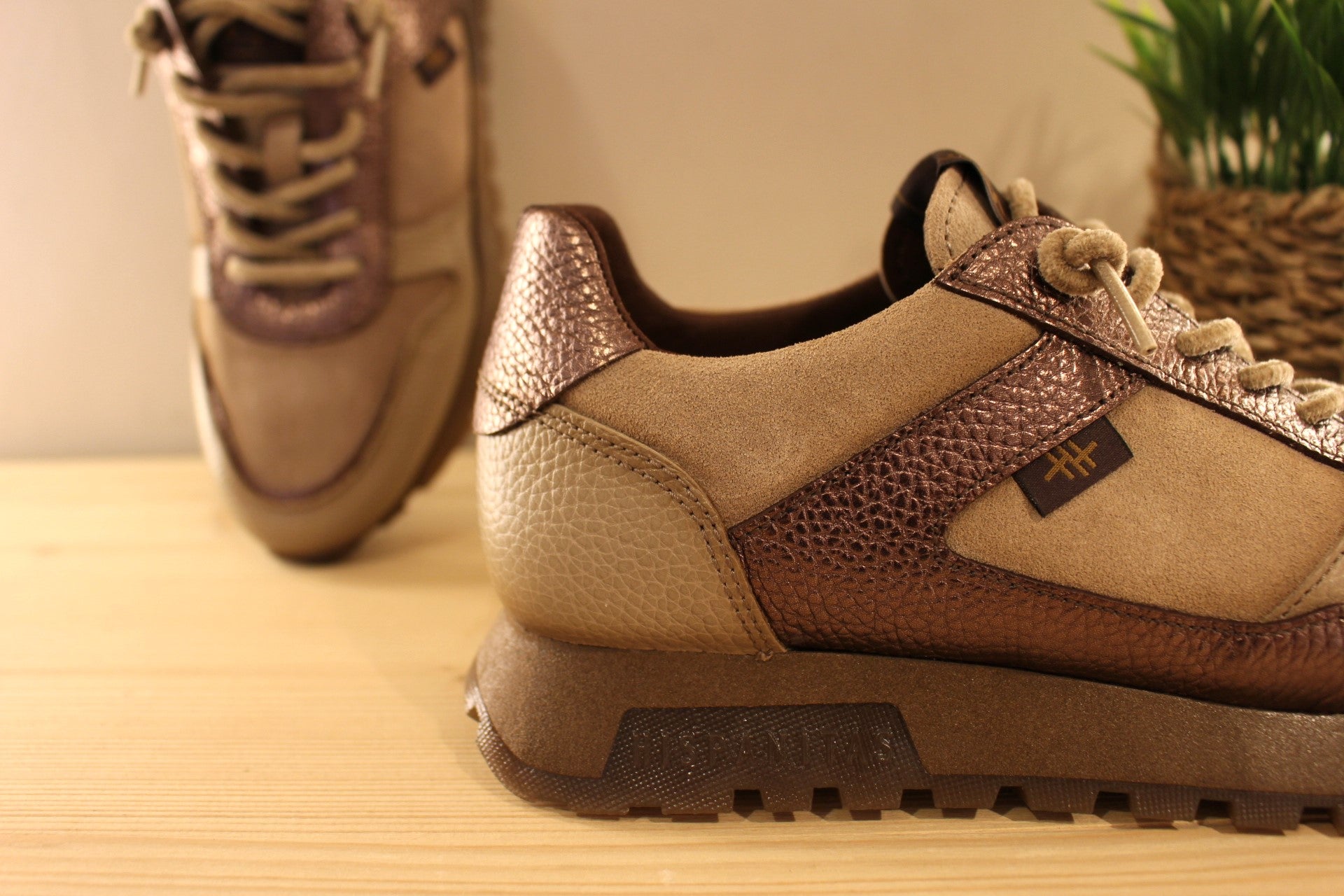 Basket Hispanitas en cuir velours de couleur castor (beige) et métal bronze. Lacets élastiqués velours ton sur ton