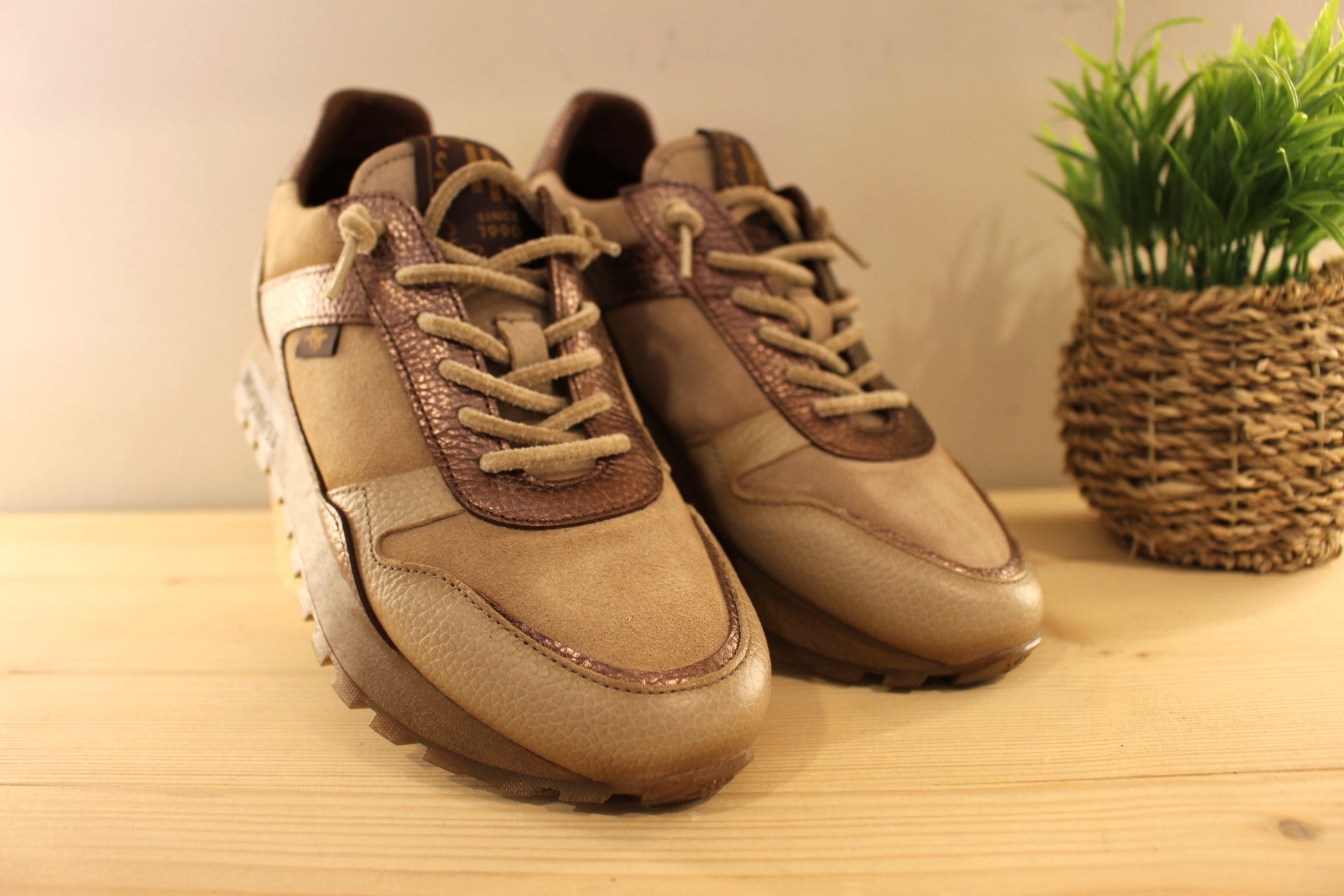 Basket Hispanitas en cuir velours de couleur castor (beige) et métal bronze. Lacets élastiqués velours ton sur ton