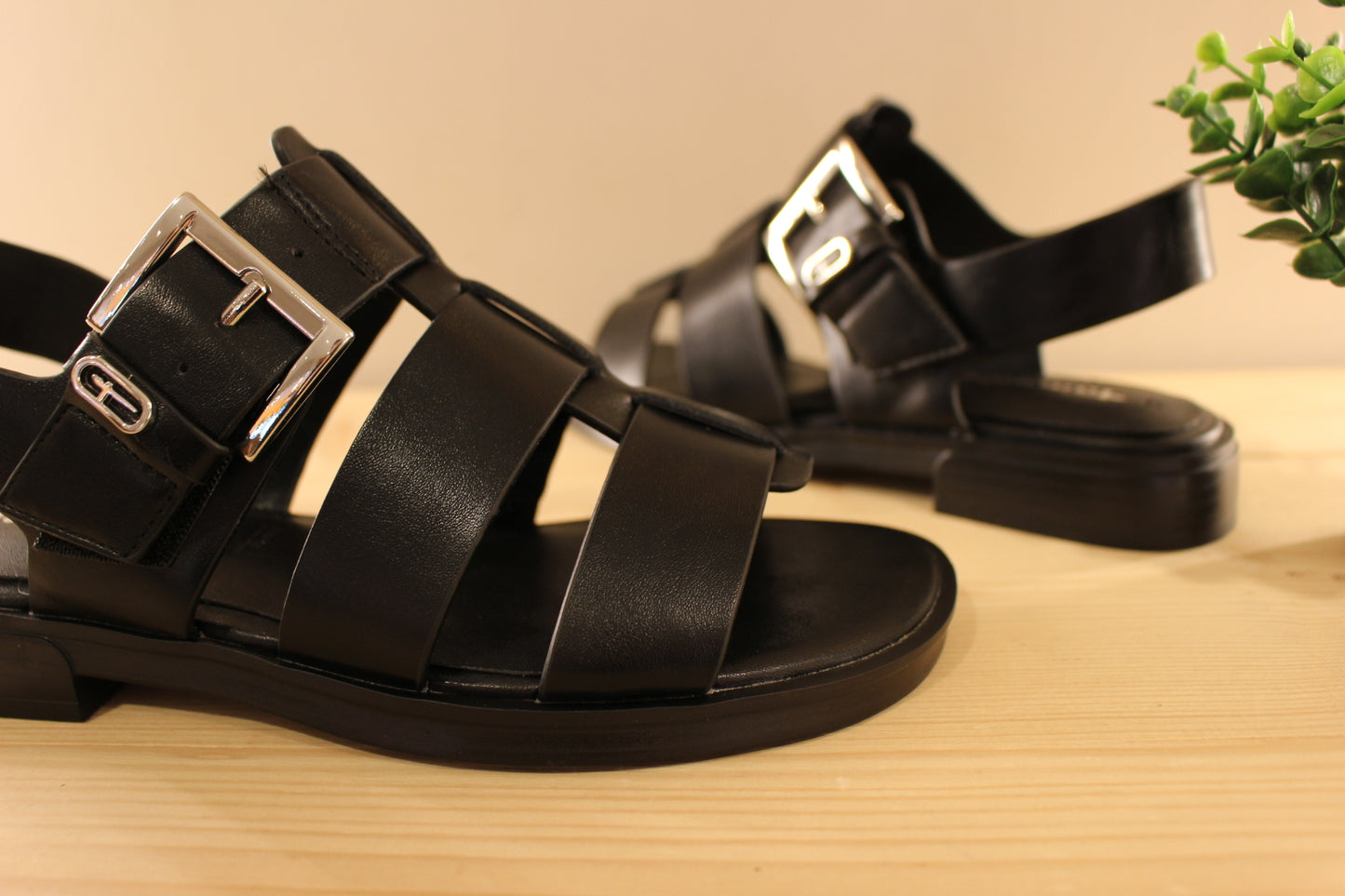 Sandales en cuir de couleur noir. Serrage par scratch sur bride coup de pied. Boucle décorative, et réglable. TAMARIS