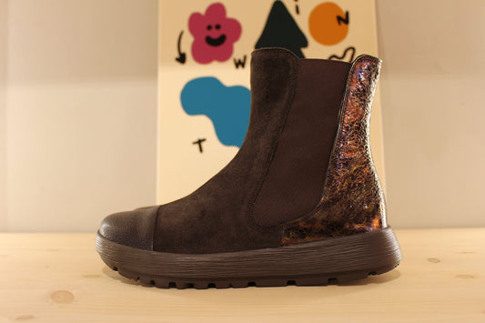 Bottines chelsea en cuir velours chocolat et métallisé THNK