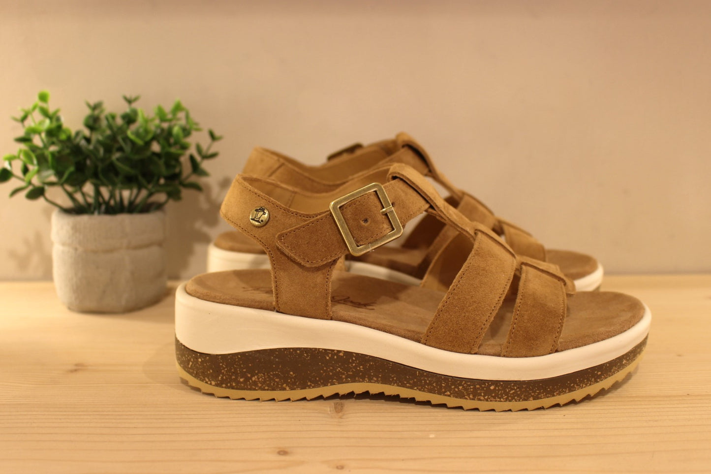 Sandale Panama Jack en cuir velours de couleur beige. Serrage par boucle sur bride coup de pied