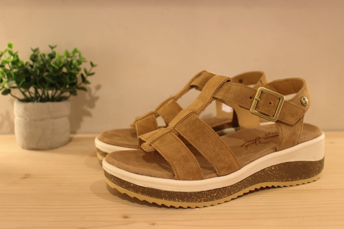 Sandale Panama Jack en cuir velours de couleur beige. Serrage par boucle sur bride coup de pied