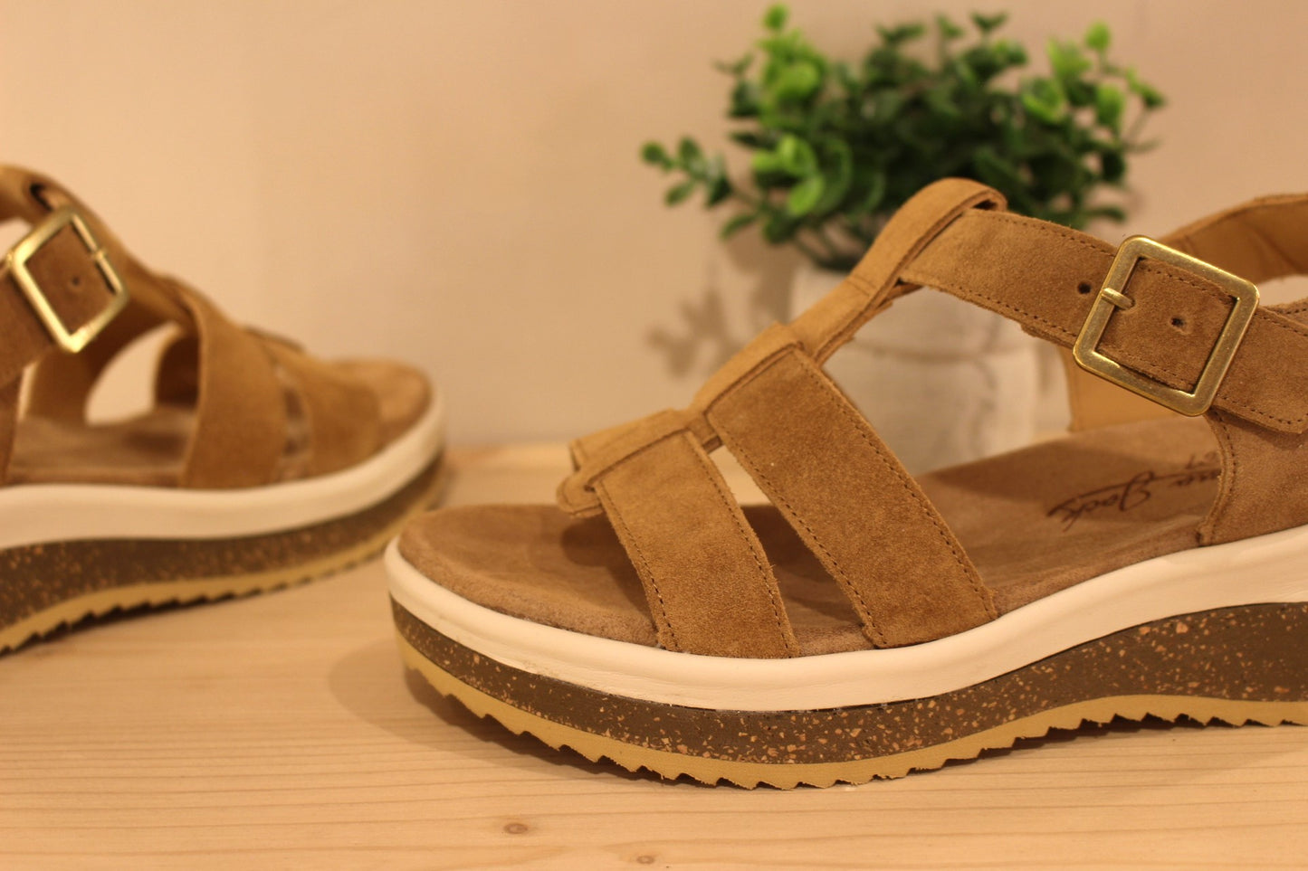 Sandale Panama Jack en cuir velours de couleur beige. Serrage par boucle sur bride coup de pied