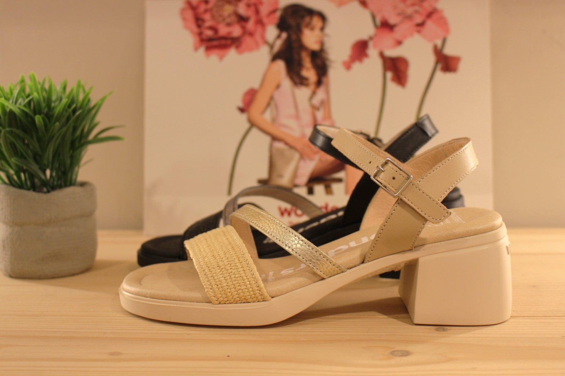 Chaussures WONDERS D-2304. Fabrication espagnole. Sandales en cuir noir et métallisé argenté ou de couleur beige et métallisé or. 