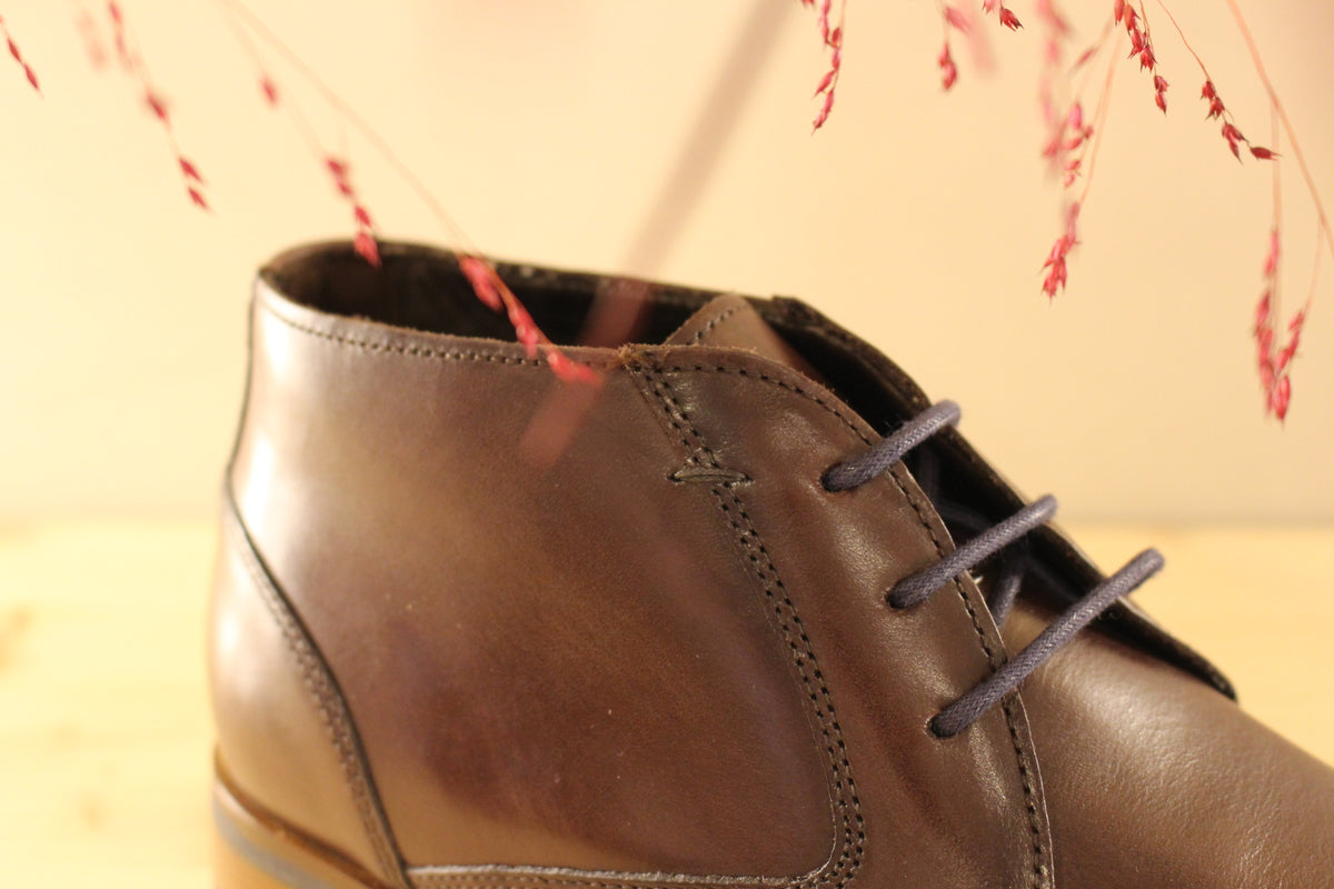 Bottines LLOYD en cuir de couleur marron foncé. Serrage lacet coton bleu