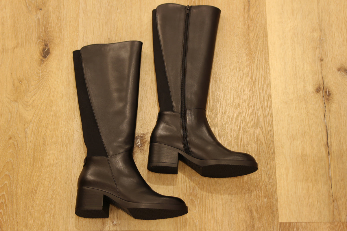 Bottes WONDERS en cuir de couleur noir. Tige de 39 cm. Elastique d'aisance à l'arrière de la botte et sur toute la longeur de la tige. Zip du côté interne