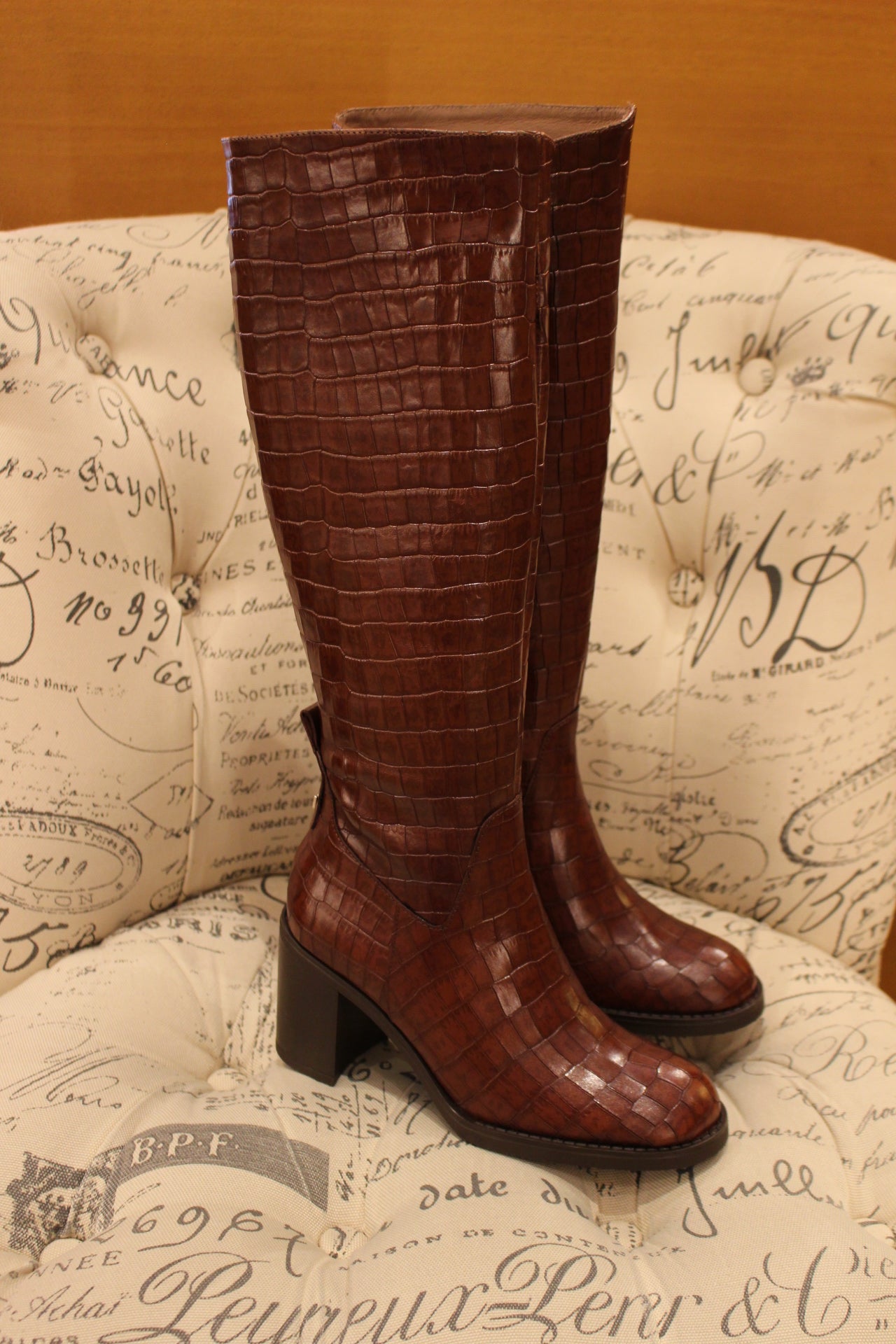 Bottes cuir imprimé croco marron à talon WONDERS
