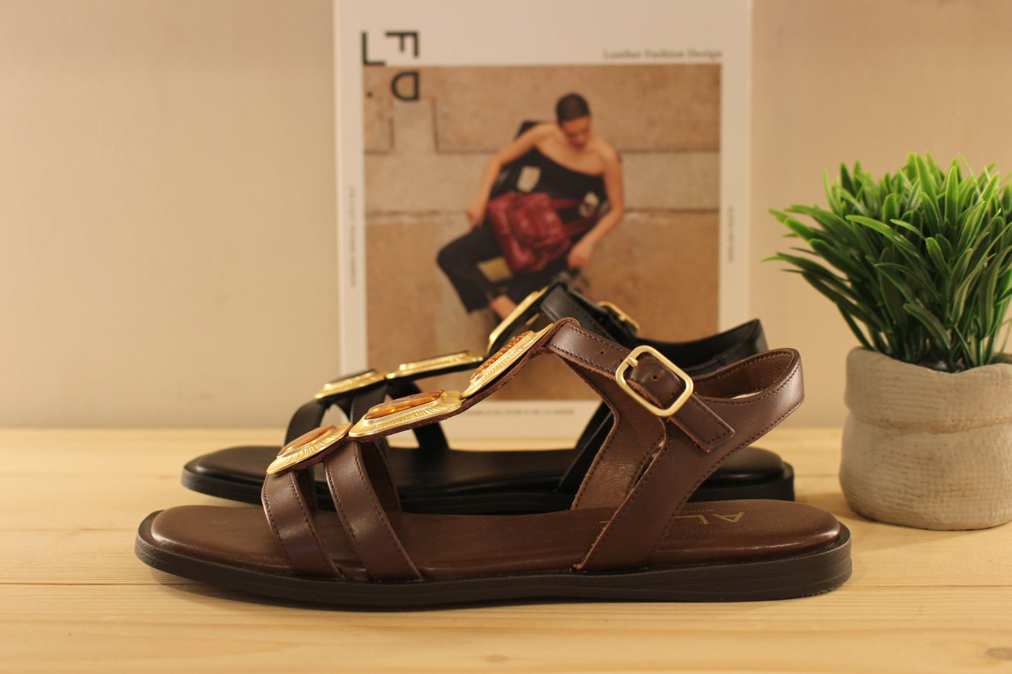 Chaussure ALPE - 5594. Marque espagnole. Sandales en cuir de couleur noir ou chocolat. Habillage bijoux sur le salomé de couleur or et fond ton sur ton pour la couleur noire et cuivre pour la couleur chocolat. Serrage par boucle sur bride coup de pied.