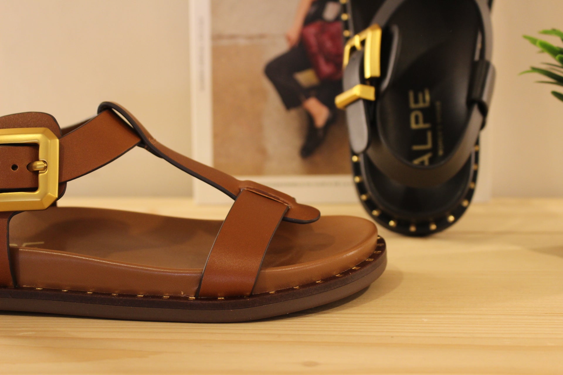 Sandales ALPE en cuir de couleur chocolat ou de couleur noir. Serrage par boucle sur bride coup de pied. 