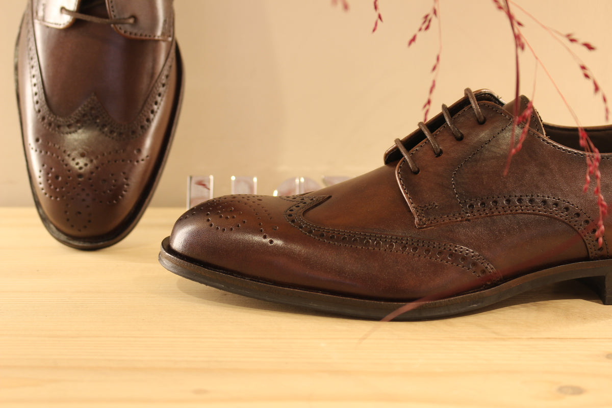 Derby Lloyd en cuir de couleur marron foncé et motifs perforés sur l'avant du pied