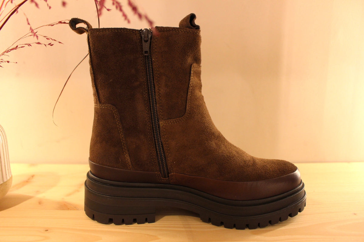 Bottines REQINS en cuir velours de couleur chocolat. Bande de cuir lisse sur le pourtour de la chaussure. Zip du côté interne