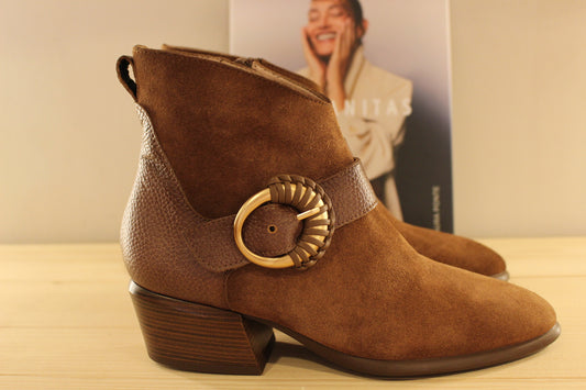 Bottine HISPANITAS en cuir velours noisette petit talon 