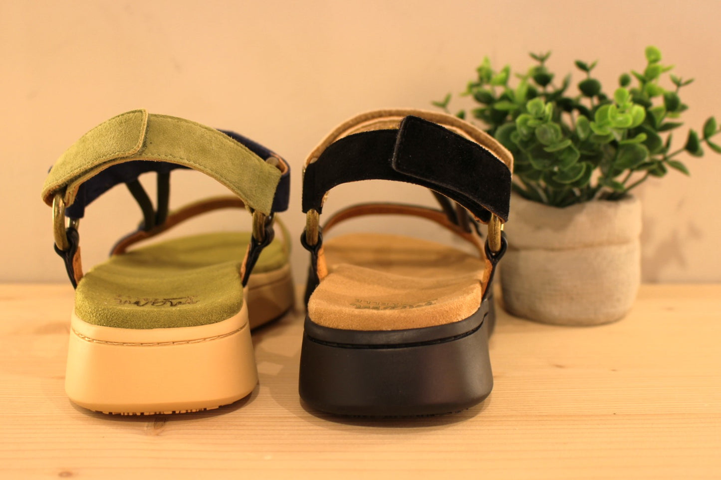 Chaussures MAMZELLE - Padula. Sandales en cuir velours noir et bride métallisée platine ou velours vert et bleu sur la bride. Serrage par scratch sur bride coup de pied et bride arrière. Chaussures doublées cuir. Semelle externe en gomme beige. Semelle compensée d'une hauteur de 2 cm.