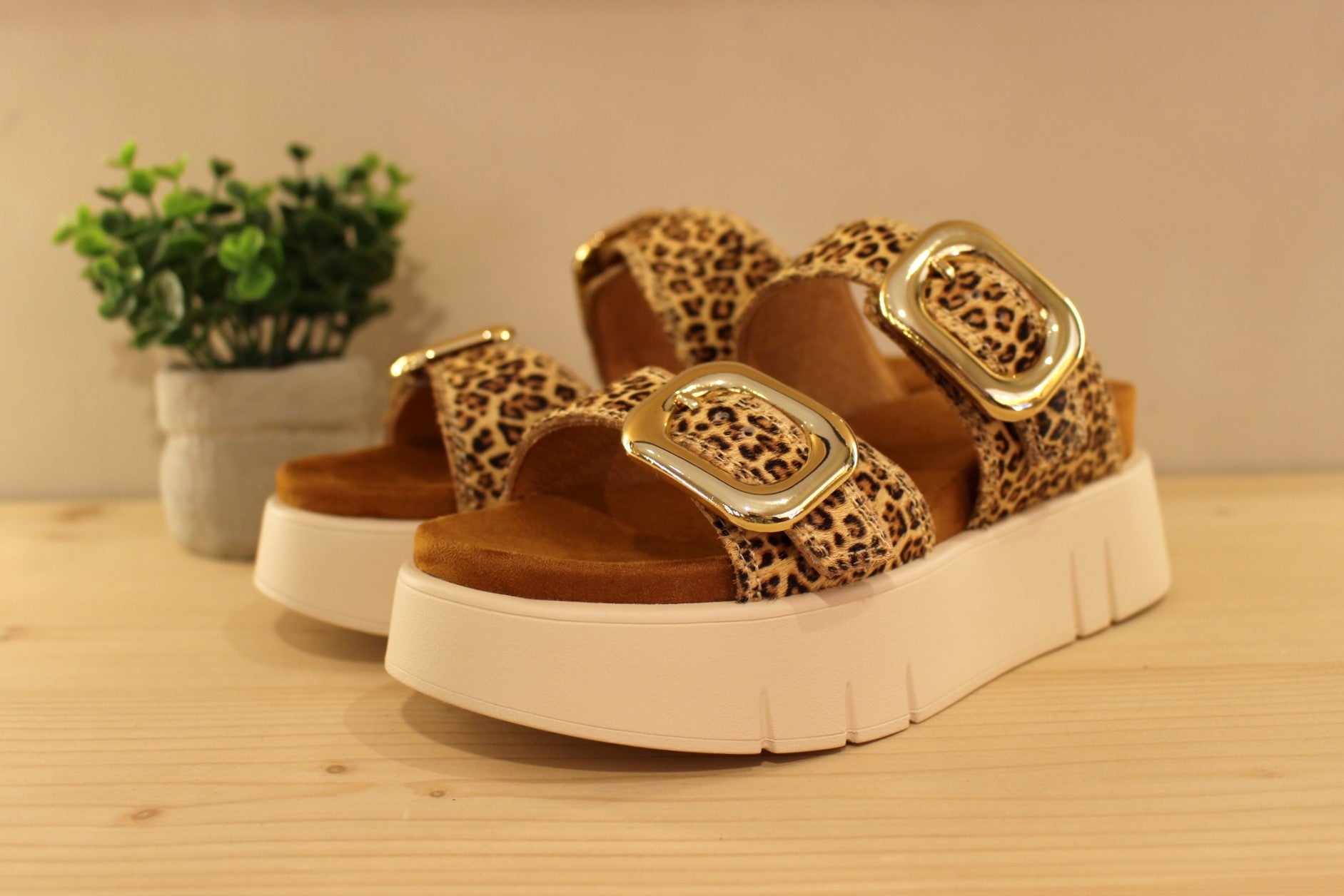 Chaussures MAMZELLE - Umbo. Mules en cuir imprimé léopard. Habillage poils. Serrage par boucle sur deux brides, coup de pied et avant. Chaussures doublées cuir. Semelle externe en gomme beige. Semelle compensée d'une hauteur de 4 cm. Talon de 0.5 cm.